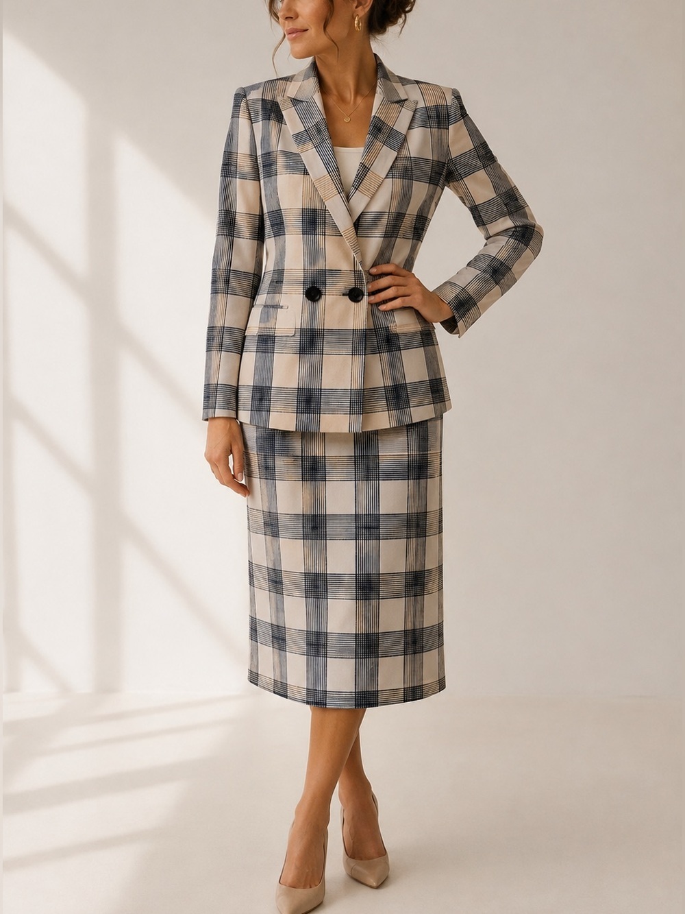 TED LAPIDUS VINTAGE CHECKED DOUBLE BREASTED NAVY & CREAM SUIT SET  SZ 10 /42